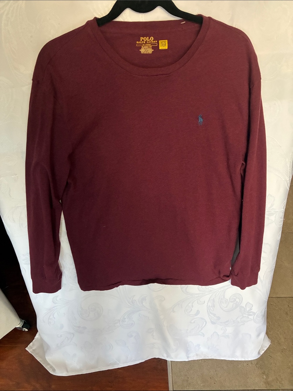 Men’s Polo by Ralph Lauren Long-Sleeve Crew Tee in Maroon with Blue Logo